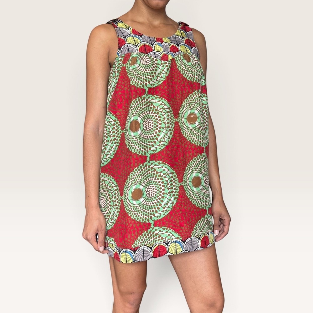 DKNY Silk Sleeveless Multi Color Mini Shift Dress Small Geometric Print Boho